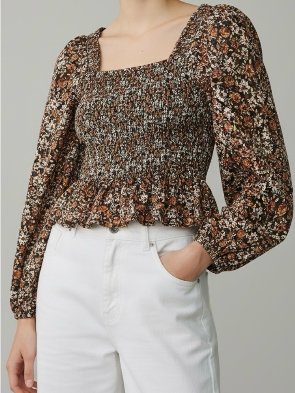 Japna Brown Smocked Square-Neck Floral Blouse Size L